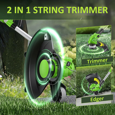 20V Electric Weed Wacker Edger Lawn Tool, Battery Powered Weed Eater 12-Inch Cordless String Trimmer Grass Trimmer Lightweight Yard Tools for Garden, Lawn Mower Cutter 2.0Ah Battery and Charger Green