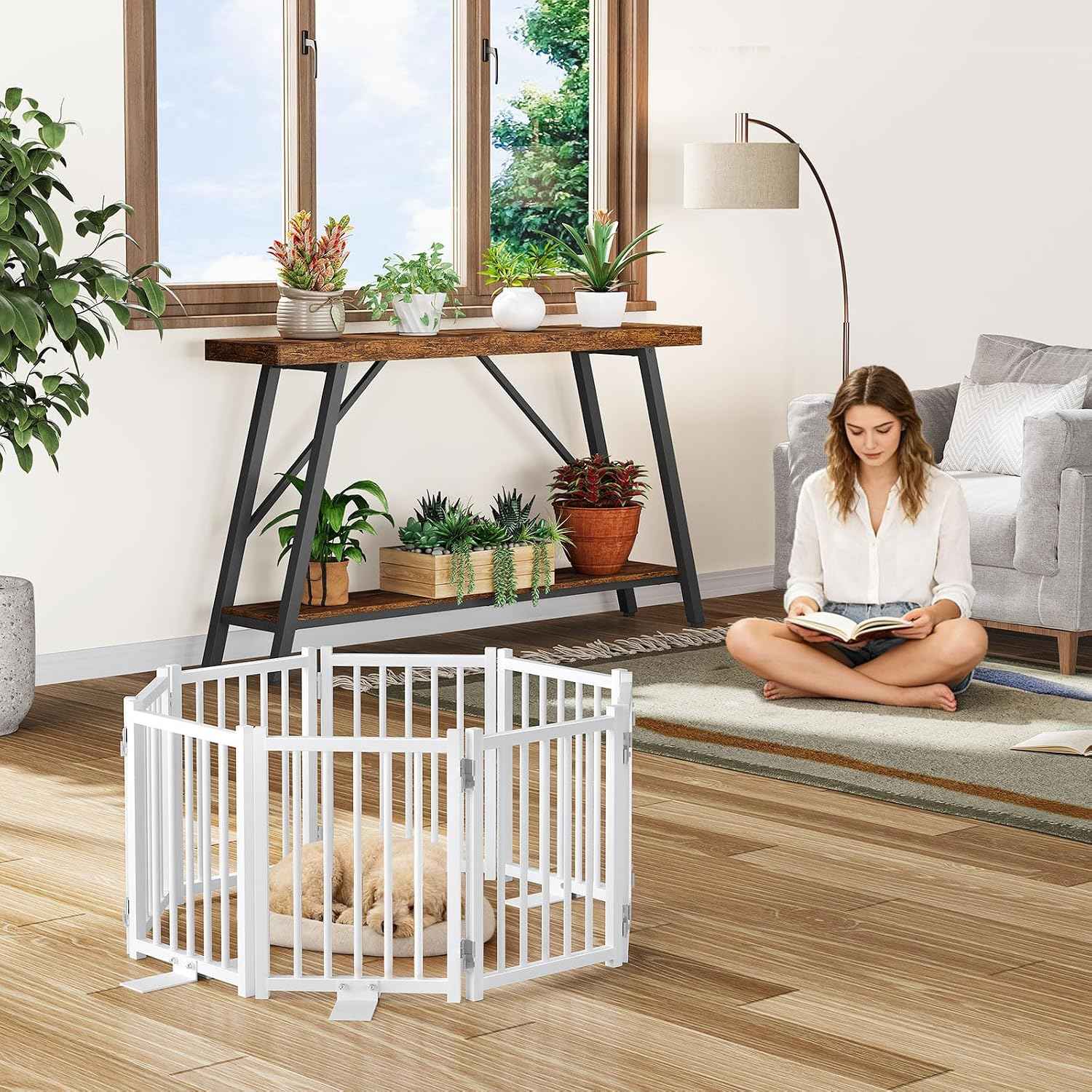 Snughome 2 Pack Short Dog Gate Indoor, 16" High Freestanding Small Dog Gates with Support Feet, Expand Up to 48’’Wide Foldable Pet Gate for Doorway, 8 Panel Pet Door Pet Fence for Puppy, White