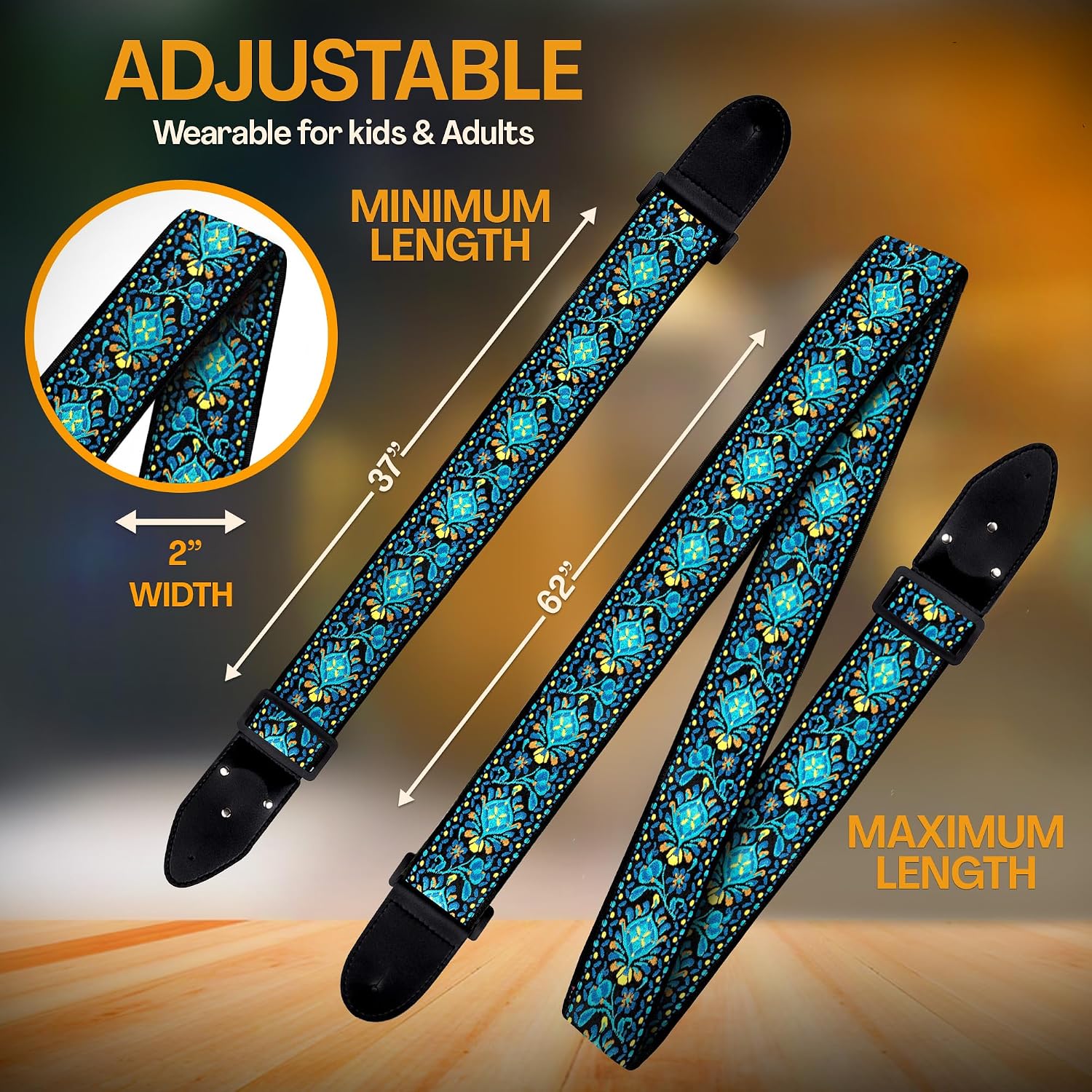 Art Tribute Guitar Strap For Acoustic, Electric and Bass Guitars, Adjustable Padded Leather Ends Guitar Straps For Men and Women, Includes 2 Picks, Strap Locks and Strap Button, Blue