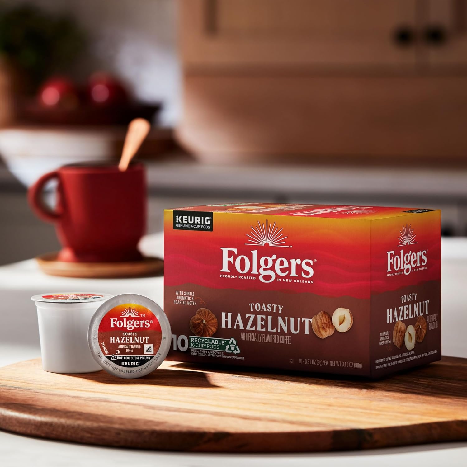 Folgers Toasty Hazelnut Artificially Flavored Coffee, K-Cup Pods, 60 Count | 6 (10 count) boxes, Medium roast coffee, Genuine K-Cup pods made to brew with your Keurig coffee maker