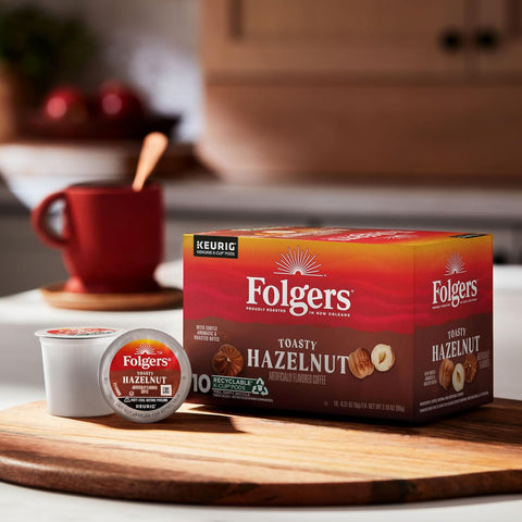 Folgers Toasty Hazelnut Artificially Flavored Coffee, K-Cup Pods, 60 Count | 6 (10 count) boxes, Medium roast coffee, Genuine K-Cup pods made to brew with your Keurig coffee maker