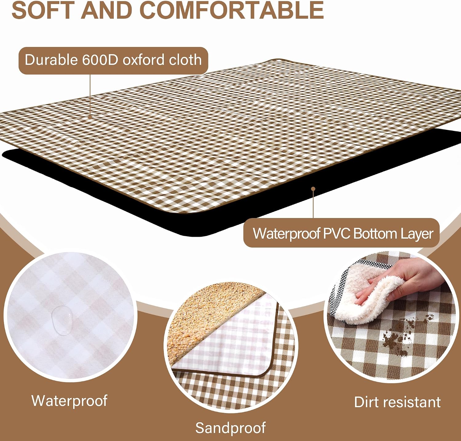HX&OD Picnic Blanket Outdoor Extra Large Picnic Mat 80"X60" Camping Blanket Beach Blanket Foldable Waterproof Sand Mat Hiking Travel Family Concerts(Brown)