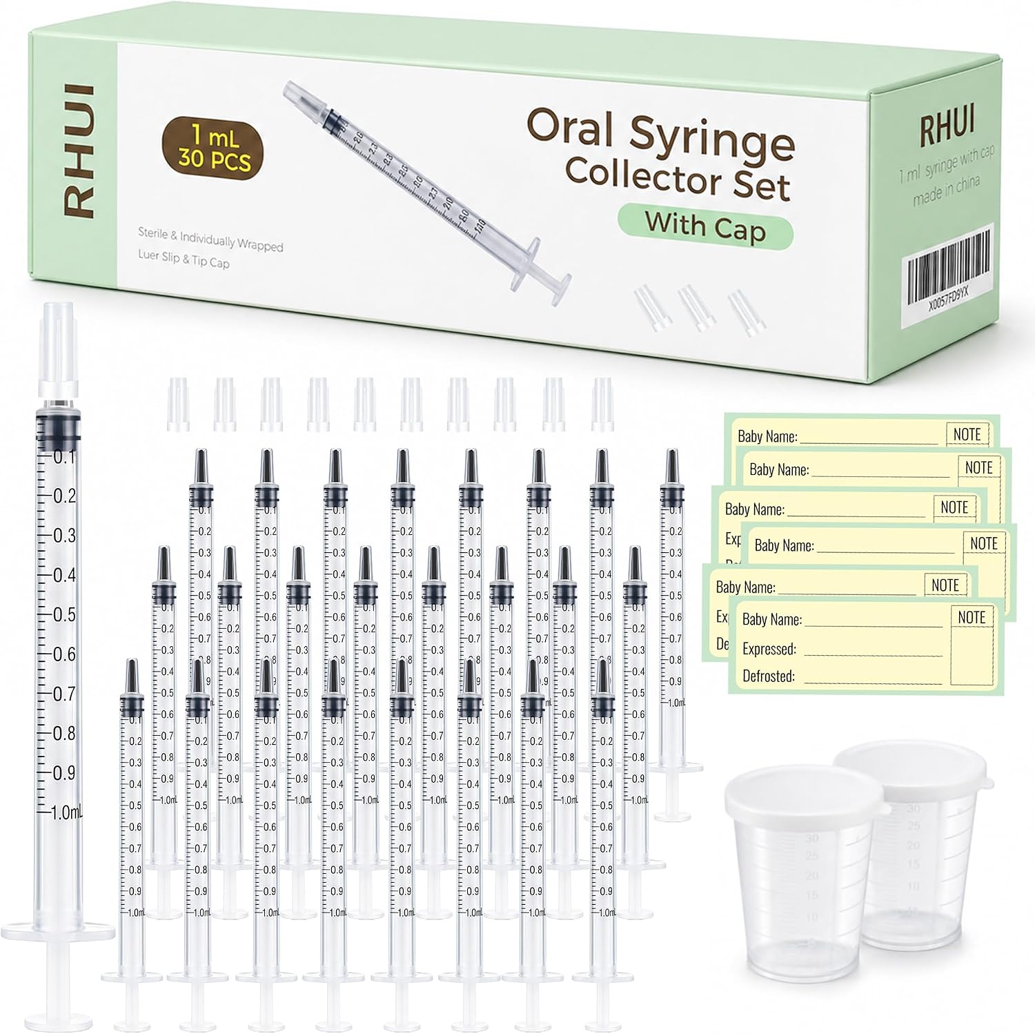 30 Set Colostrum Syringes Kit with Labels 1mL Colostrum Collector Freezer Safe Sterile Syringes with Cap, BPA-Free, Measuring Cup, Storage Bag