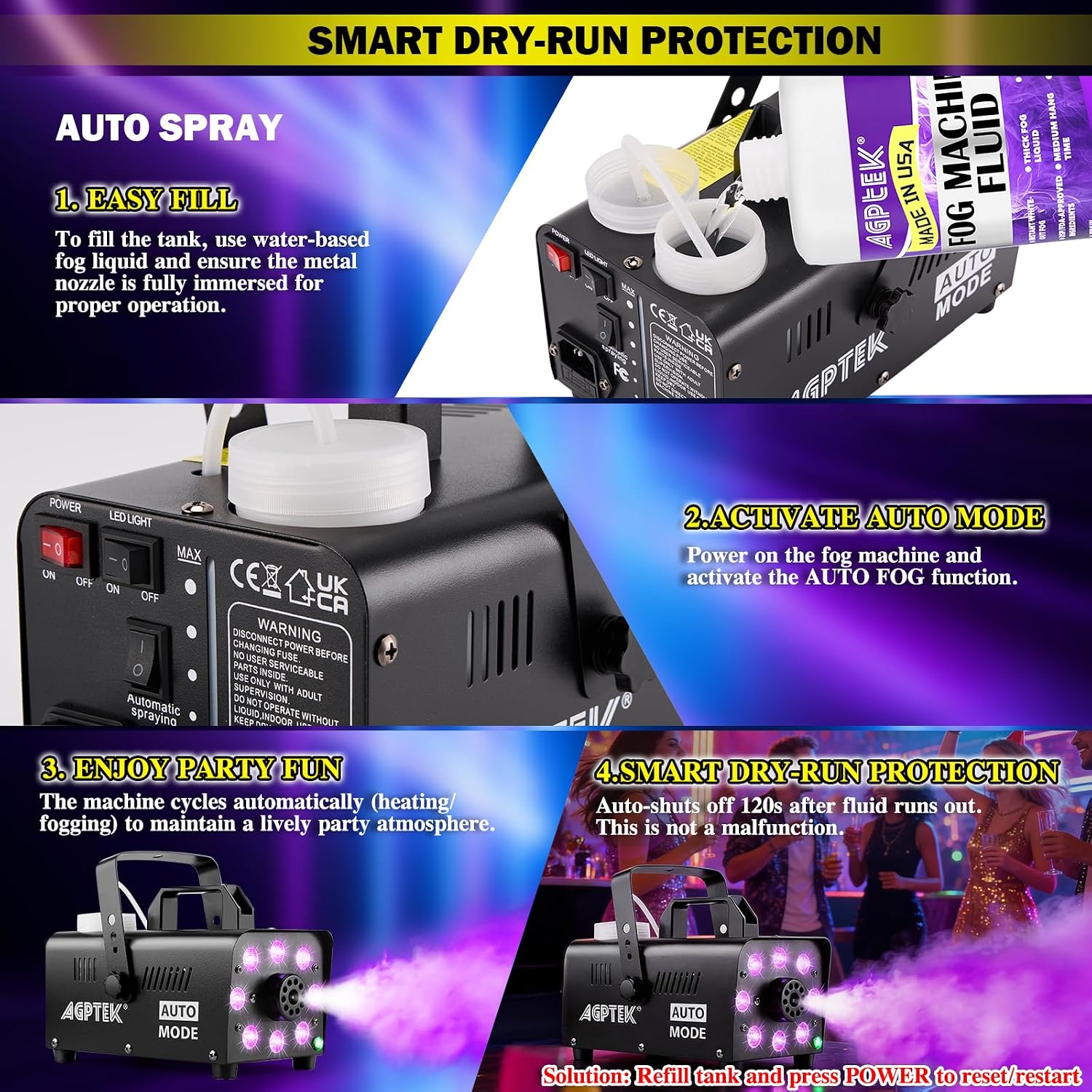 AGPTEK Fog Machine, 12 Colors, 600W Smoke Machine, Low Fluid Auto Shutoff