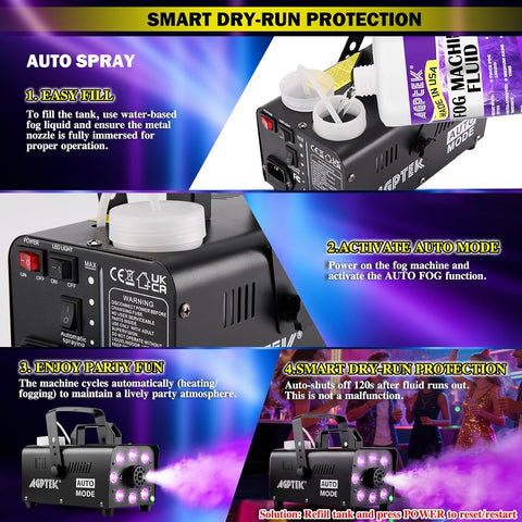 AGPTEK Fog Machine, 12 Colors, 600W Smoke Machine, Low Fluid Auto Shutoff