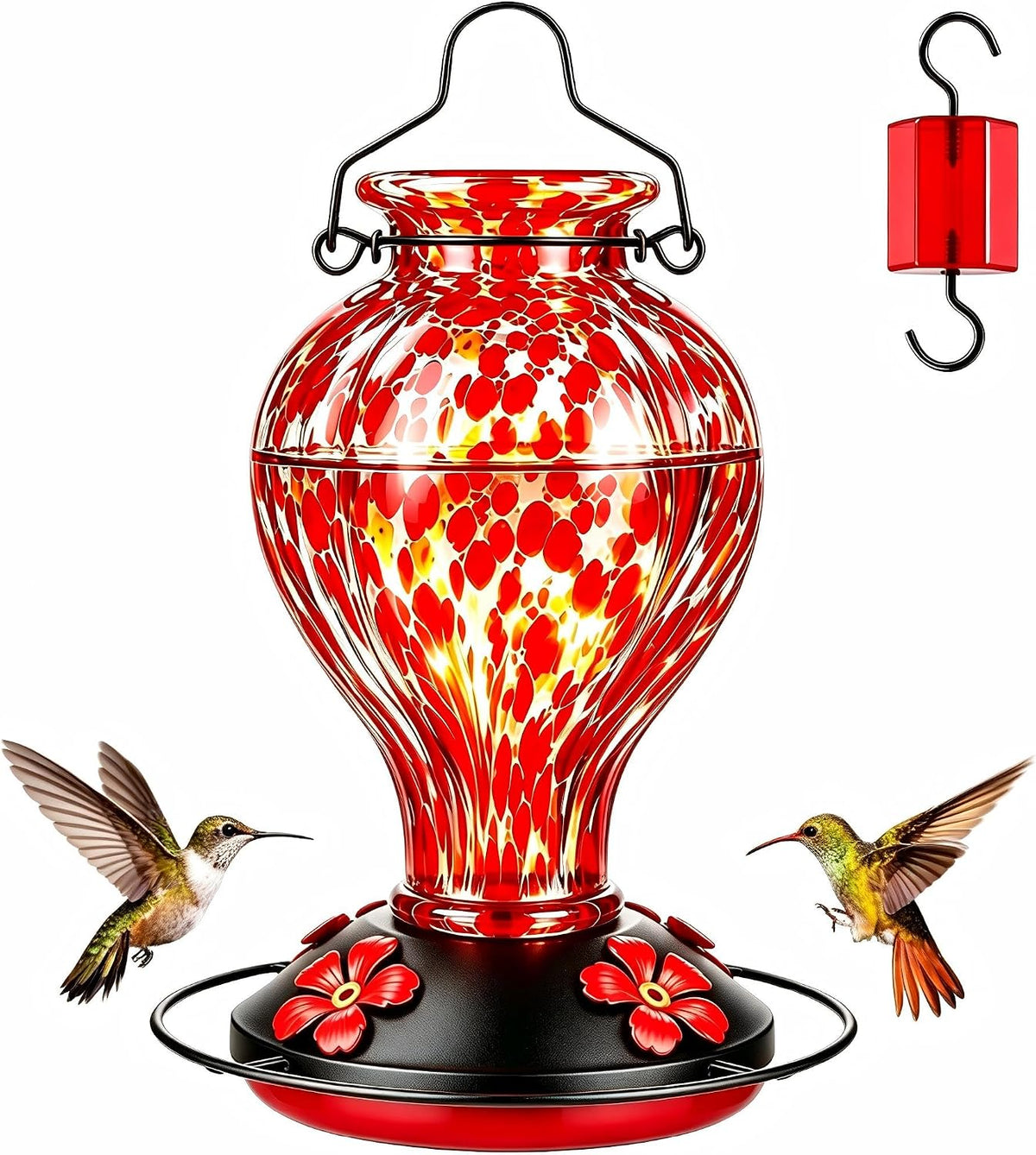 Hand Blown Glass Hummingbird Feeders for Outdoors Hanging, 24oz Wild Bird Nectar Feeder with Ant Moat and Perch, Bee-Resistant Ports, Garden Decor, Gifts for Women Mom, 1 Pack, Red Polka Dots