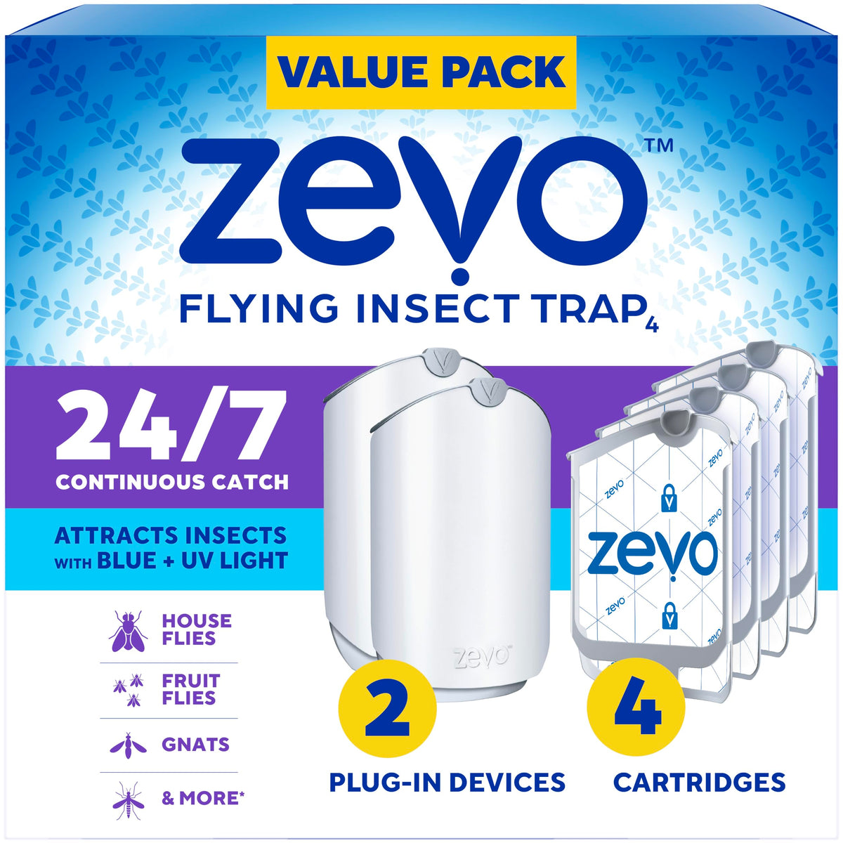 Zevo Flying Insect Trap for Indoors: Light Trap Captures Fruit Flies, Gnats and Houseflies, Starter Kit Value Pack + Refills (2 Plug-in Bases + 4 Cartridges)