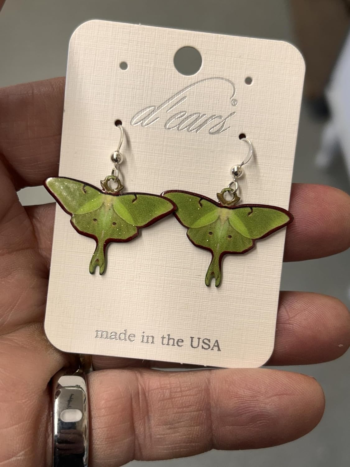 d'ears Luna Moth Earrings, Non-Tarnish Sterling Silver French Hook Ear Wire, made in the U.S.A. by family run small business. Great gift for moth lovers.