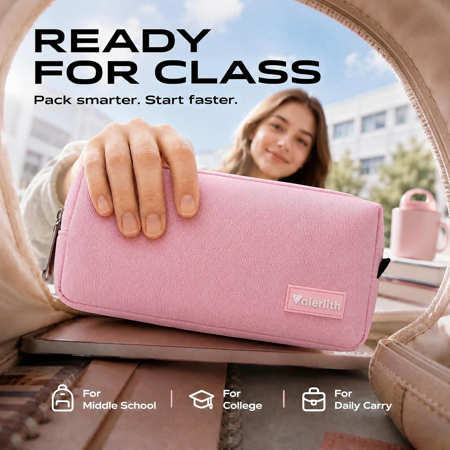 Small Pencil Case Simple Pencil Pouch, Zippered Pen Bag School Supplies for Teens Girls Boys Adults, Pink