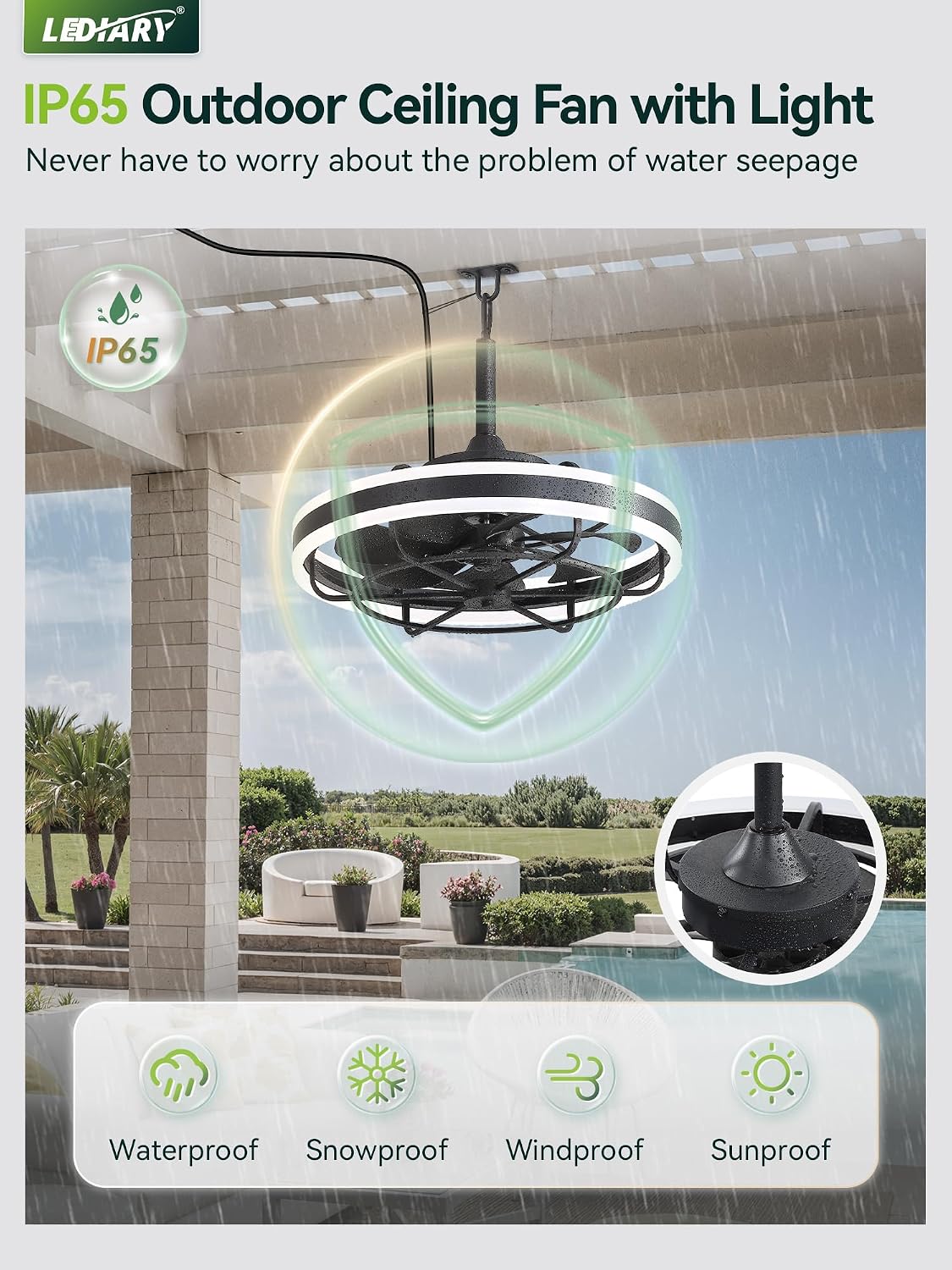 LEDIARY 20" Outdoor Ceiling Fans with Light, IP65 Waterproof Gazebo Fan