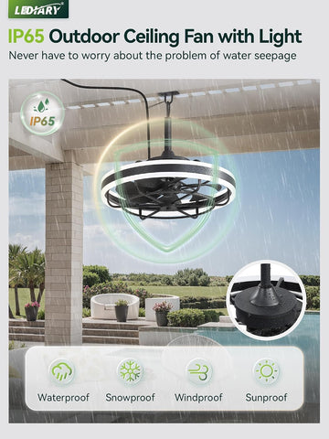LEDIARY 20" Outdoor Ceiling Fans with Light, IP65 Waterproof Gazebo Fan