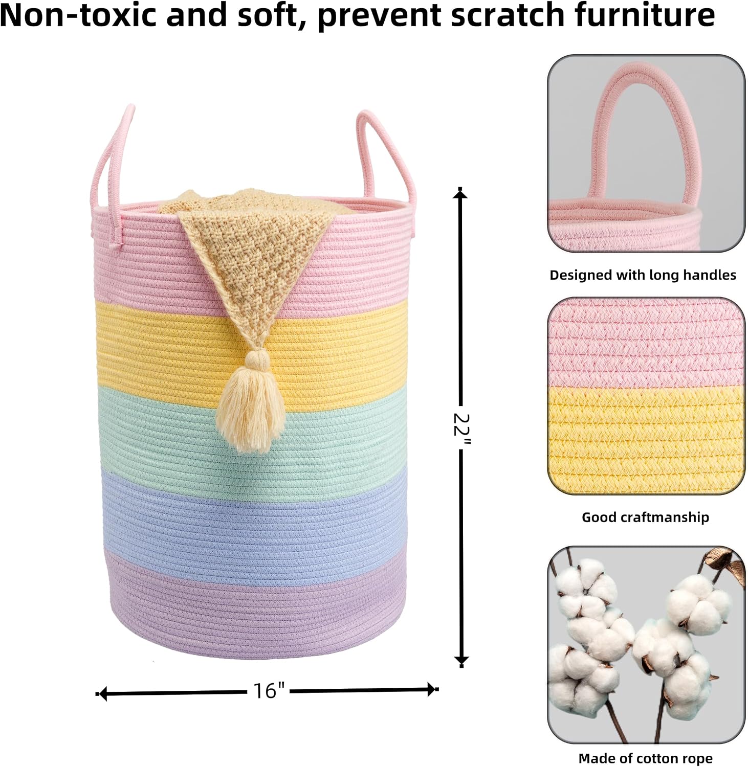 XUANGUO Rope Laundry Basket Hamper for Kids Girl Large, rainbow