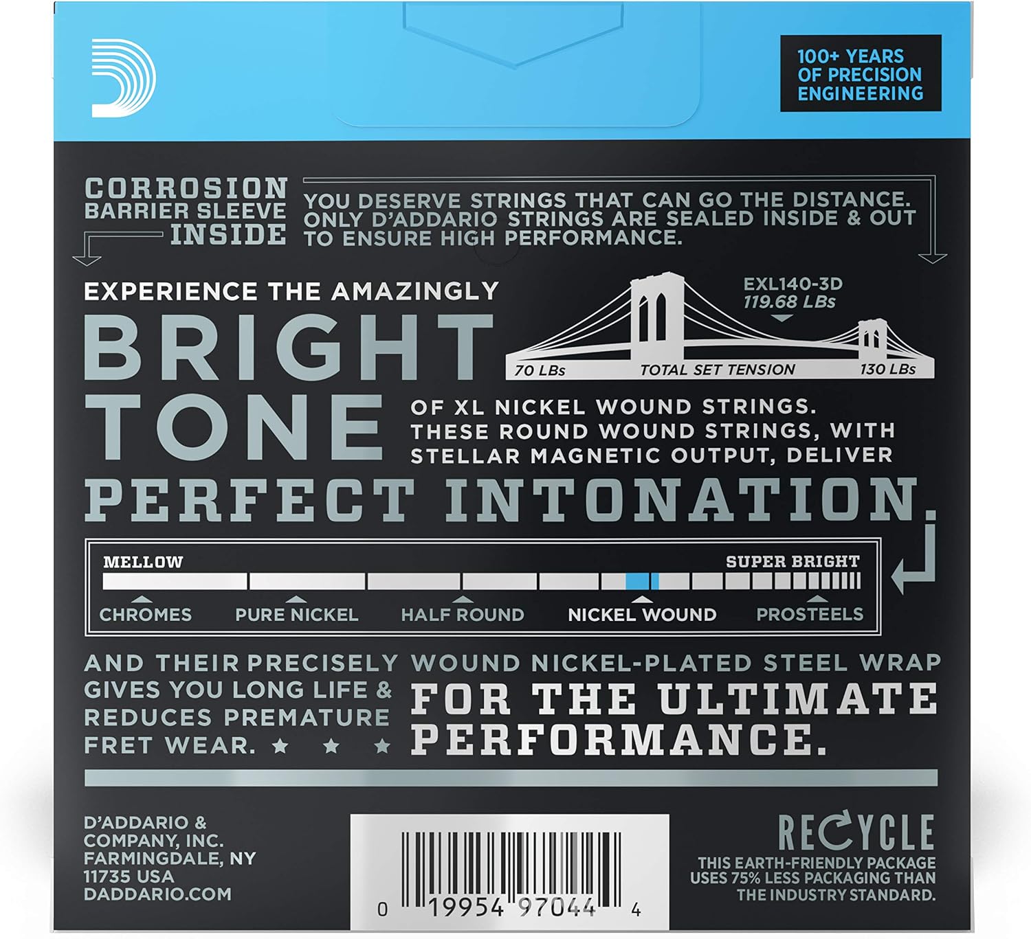 D'Addario XL Nickel EXL140-3D Electric Guitar Strings, 10-52, 3 Sets