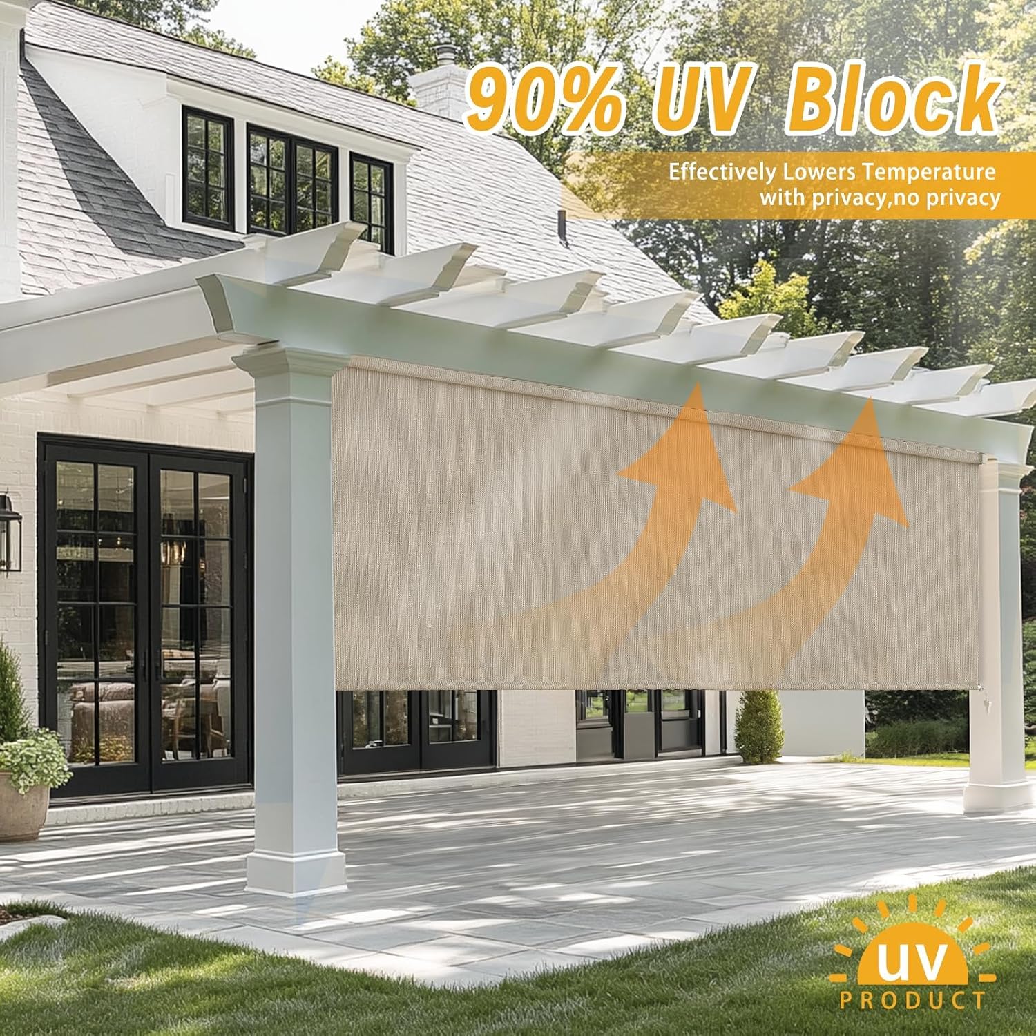 sunoff Outdoor Roller Shades, Cordless Patio Roller Up Blinds with Shade Cloth for Porch Gazebo Pergola Balcony Backyard, 2 Poles & 1 Fabric, Sesame, 60" Wx96 H