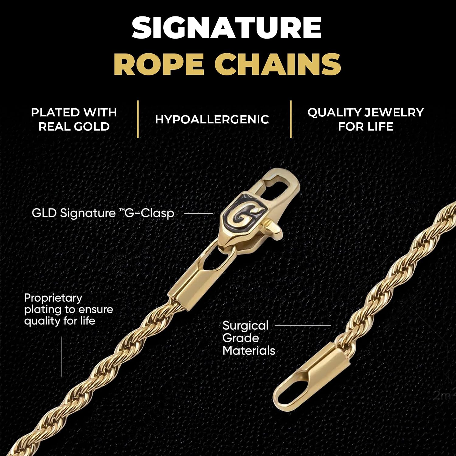 GLD Rope Chain - Gold-Plated Rope Chain with Exclusive Storage Travel Pouch - Snatch-Proof Clasp, Sweat-Proof and Fade-Resistant - Lifetime Quality, Designed in Miami