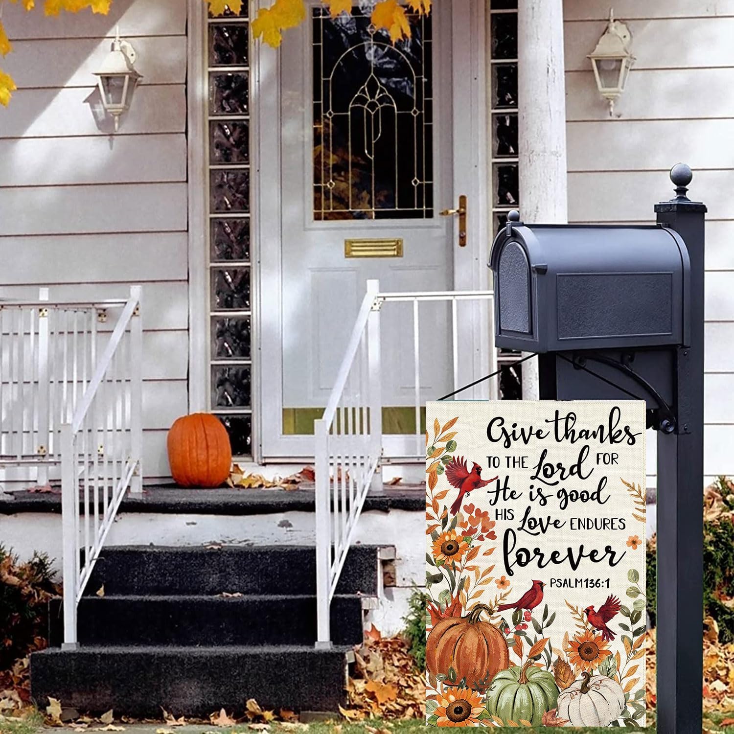 Baccessor Fall Pumpkin Garden Flag Double Sided 12.5x18 Inch, Autumn Thanksgiving Cardinal Give Thanks to The Lord Flag Seasonal Farmhouse Holiday Yard Outdoor Outside Decoration