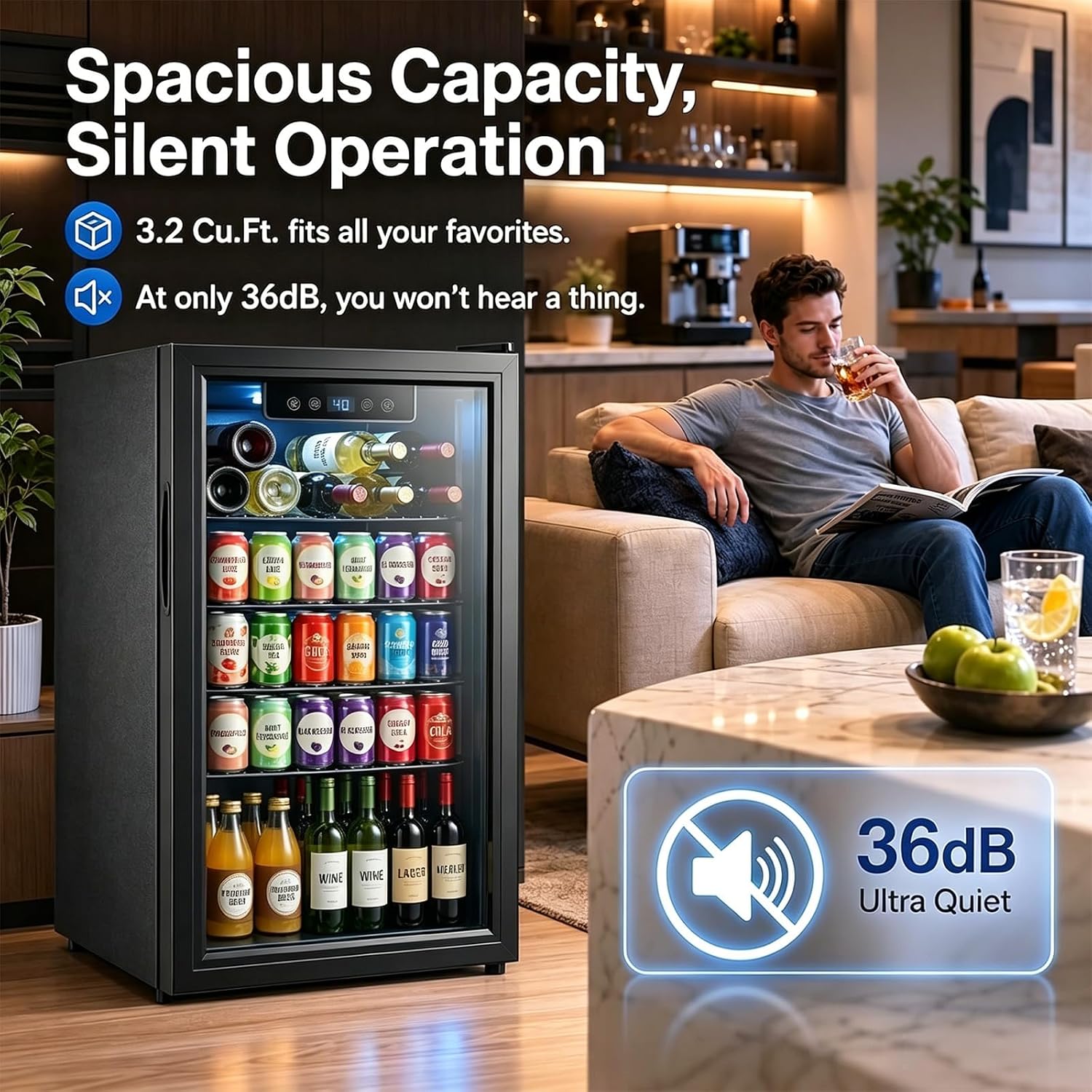 3.2 Cu.Ft Mini Fridge Glass Door, Beverage Refrigerator with Electronic Temperature Control, Compact Drink Fridge with Digital Display, for Bedroom Dorm Office (3.2 Cu.Ft)