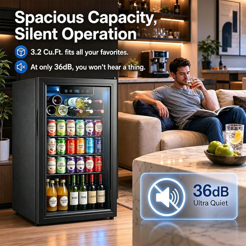 3.2 Cu.Ft Mini Fridge Glass Door, Beverage Refrigerator with Electronic Temperature Control, Compact Drink Fridge with Digital Display, for Bedroom Dorm Office (3.2 Cu.Ft)
