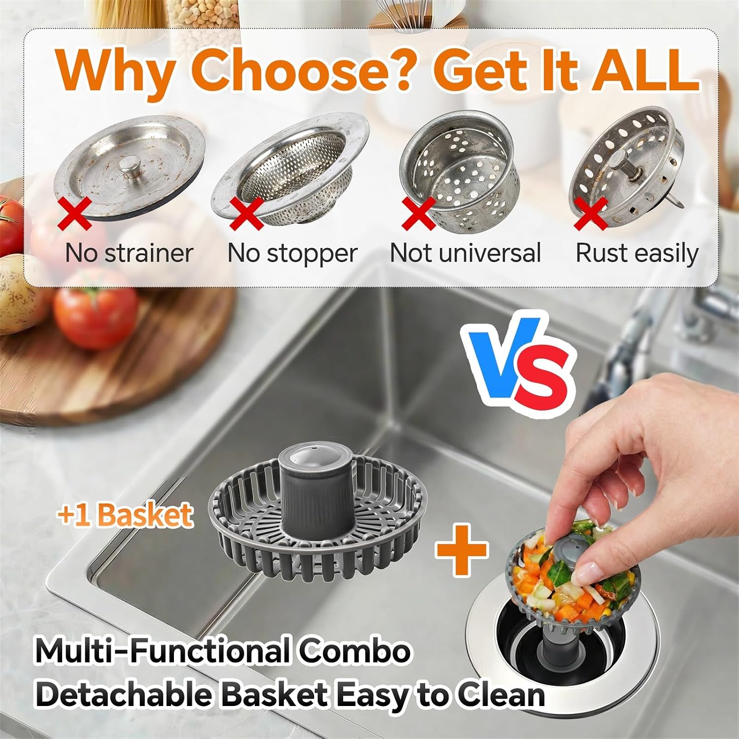 Kitchen Sink Stopper, 3 in 1 Pop Up Kitchen Sink Drain Strainer, with an Extra Basket Strainer, Sink Drain Stopper for US Standard 3-1/2 Inch, Brass Material Electroplate (Silver 2pcs)