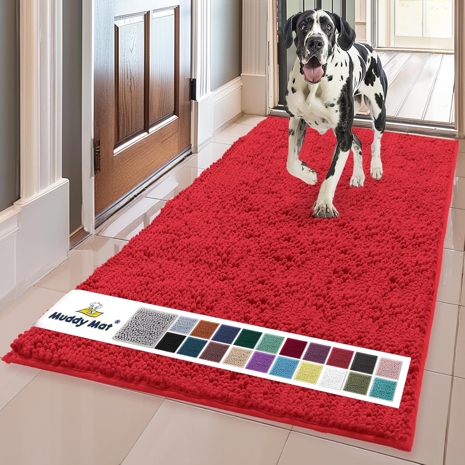 Muddy Mat® | Super Water Absorbent Door Mat Indoor, Microfiber Quick Dry Chenille Entryway Rug, Slip Resistant Front Door Mat, Indoor Mats for Entryway, Machine Washable Pet Rug, Red 59"x24"