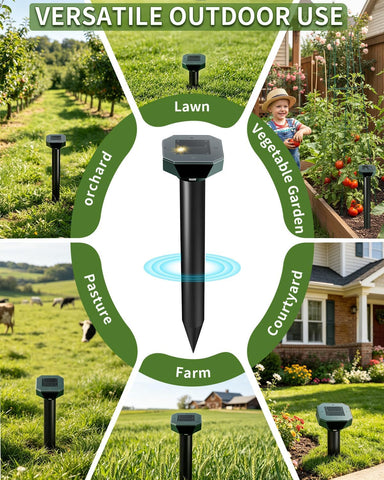 Snake & Mole & Rabbit & Skunk Repellent Solar Powered, 2026 Upgraded Ultrasonic Deterrent, IP65 Waterproof, Gopher Groundhog Chipmunk Raccoon and Vole Repellent & Deterrent for Lawn & Garden, 4 Pack