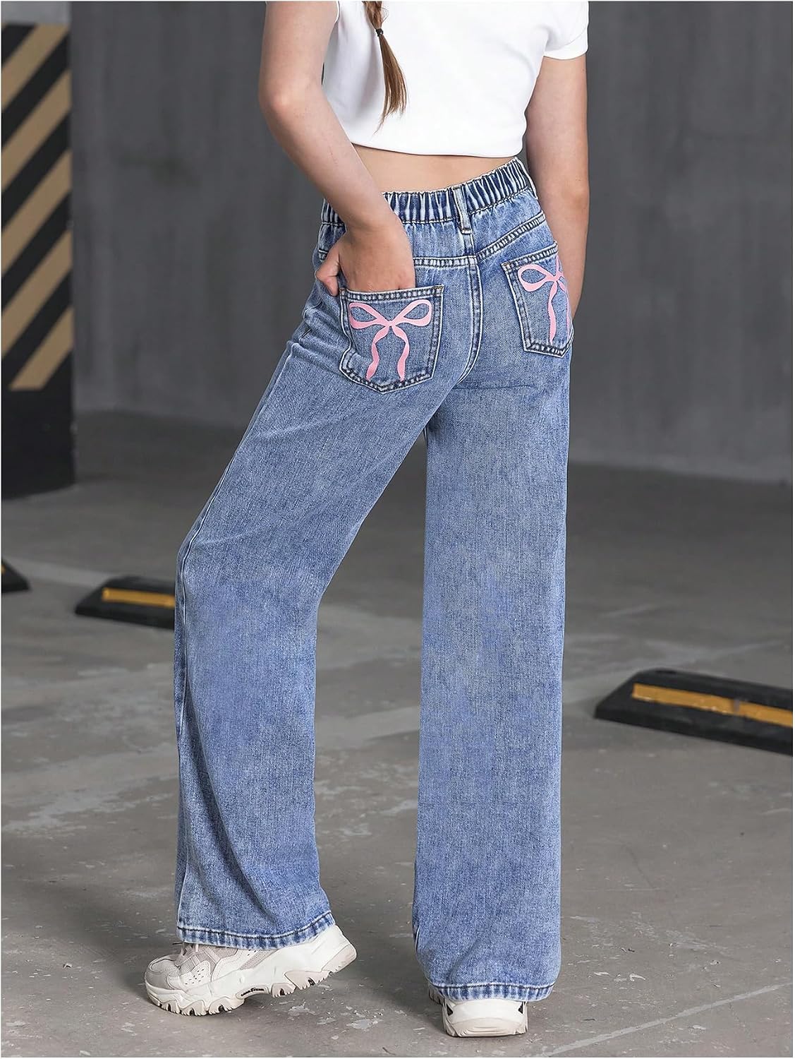 WDIRARA Girl's Bow Print Jeans Elastic High Waist Wide Leg Cute Denim Pants