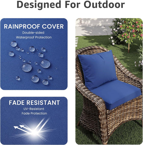 PatioGlow Outdoor Seat Cushion Set 19 x 19 x 3 Inch, Waterproof & Fade Resistant Patio Furniture Cushions with Removable Cover and Ties, Thick Deep Seating Pads for Outside Chair Sofa Couch, Blue