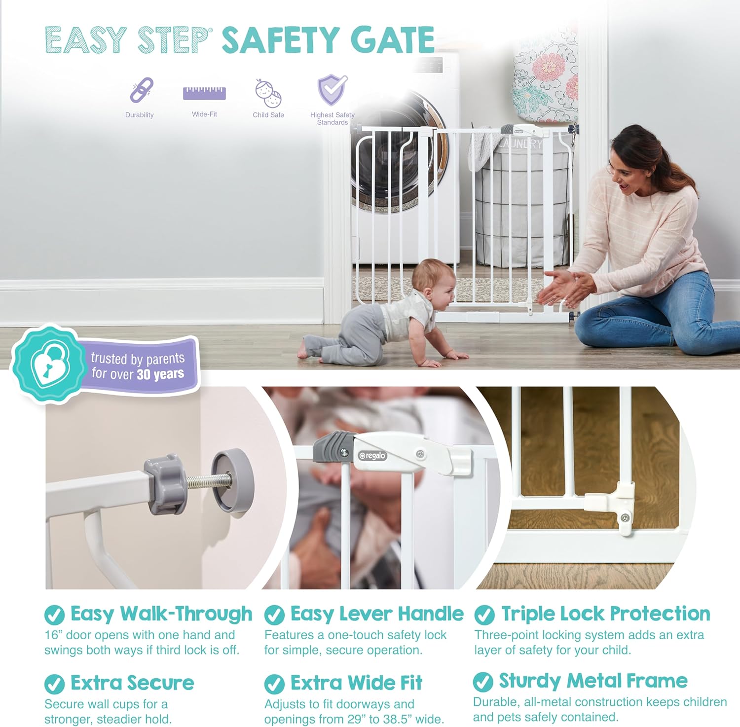 Regalo Safety 29"-38.5" Easy Step Baby Gate, Bottom of Stairs & Doorways