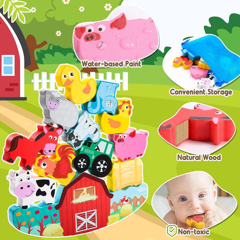 IPOURUP Montessori Toys for Kids 3-7 Wooden Farm Animal Blocks Stacking Games Educational Toy for 3 4 5 6 Year Old Girls Boys Christmas Birthday Gifts for Grandkids Toddler Balance Game Girls Age 3-5