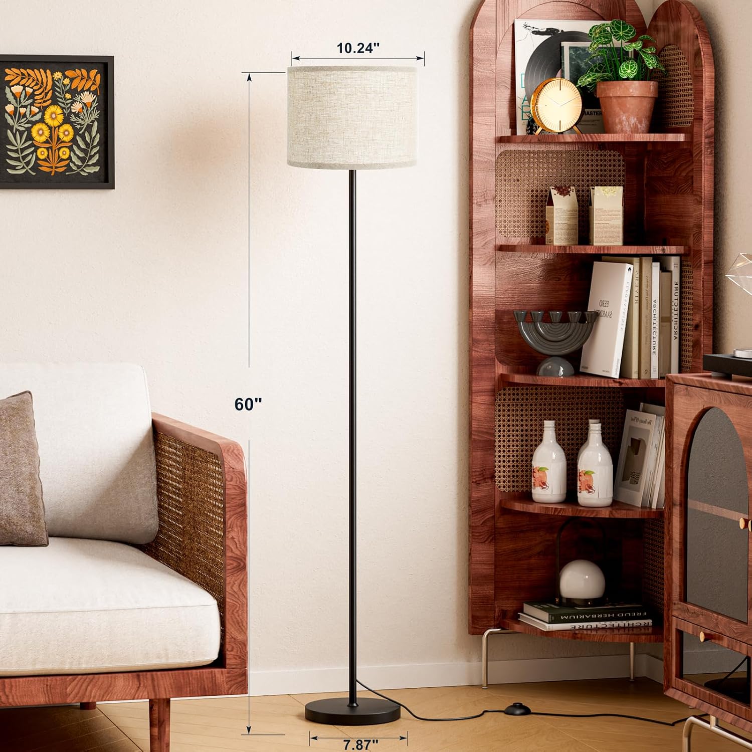 Ambimall 60'' Modern Floor Lamp with Shade, Tall Lamps for Living Room, Bedroom, Office, Dining Room, Beige Shade with Black Pole(Without Bulb)
