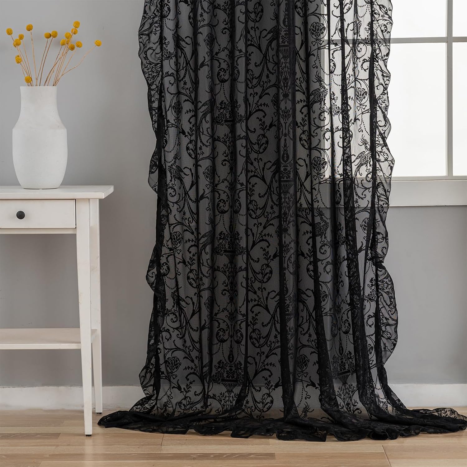 TUDECO Black Sheer Curtains 84 Inches Long - Shabby Chic Knitted Floral Halloween Decor, Lace Curtains Privacy Goth/Witchy Dark Window Treatments for Living Room Rod Pocket 1 Pair, 59 x 84 Inch
