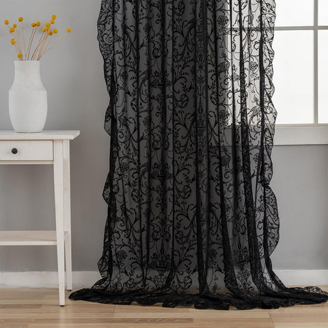 TUDECO Black Sheer Curtains 84 Inches Long - Shabby Chic Knitted Floral Halloween Decor, Lace Curtains Privacy Goth/Witchy Dark Window Treatments for Living Room Rod Pocket 1 Pair, 59 x 84 Inch