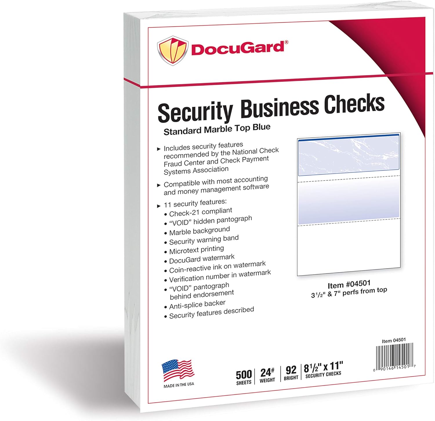 DocuGard Standard Blue Marble Top High Security Check Paper - Laser/Inkjet Printer Compatible - 11 Security Features - 500 Blank Business Checks