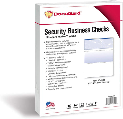 DocuGard Standard Blue Marble Top High Security Check Paper - Laser/Inkjet Printer Compatible - 11 Security Features - 500 Blank Business Checks