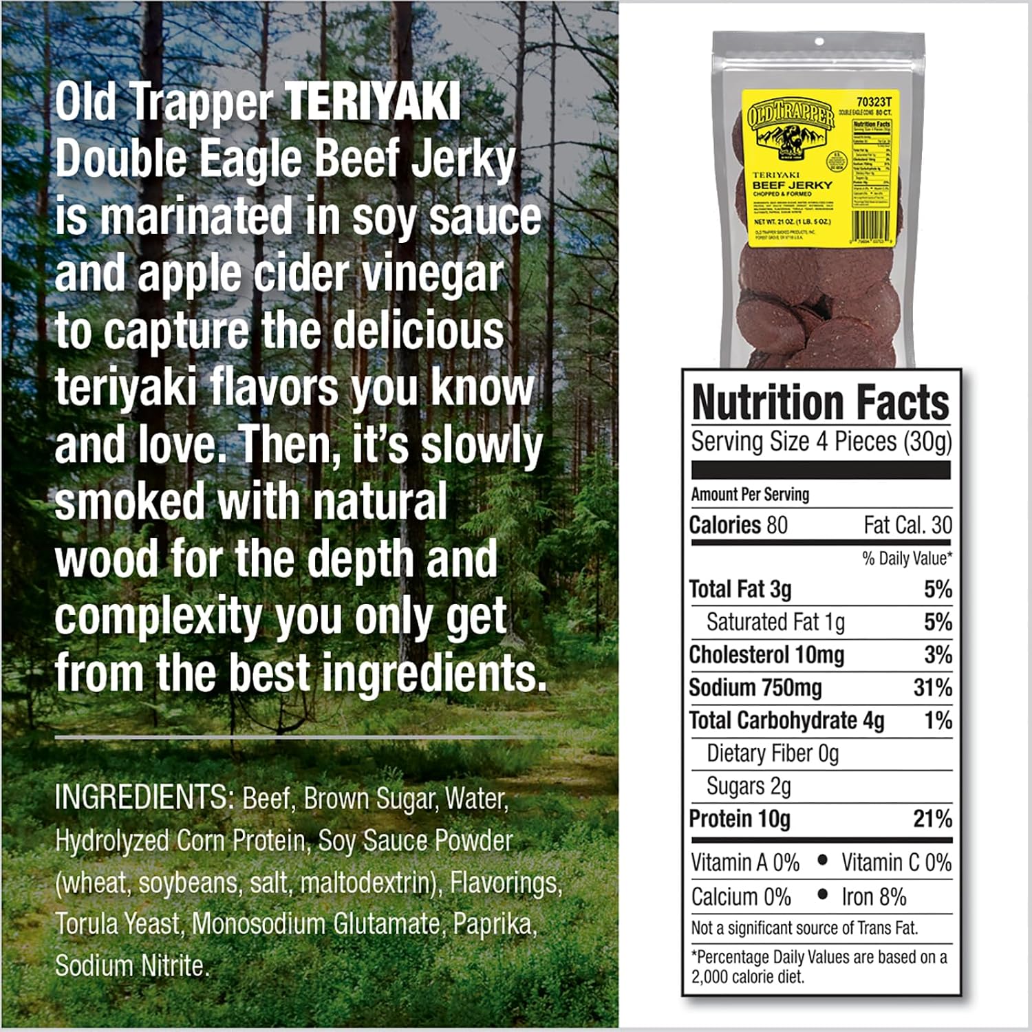 Old Trapper Double Eagle Beef Jerky, Teriyaki Flavor, 21 Ounce Package, Natural Wood Smoked Meat Snacks, 10 Grams of Protein and 80 Calories per Serving (Pack of One)