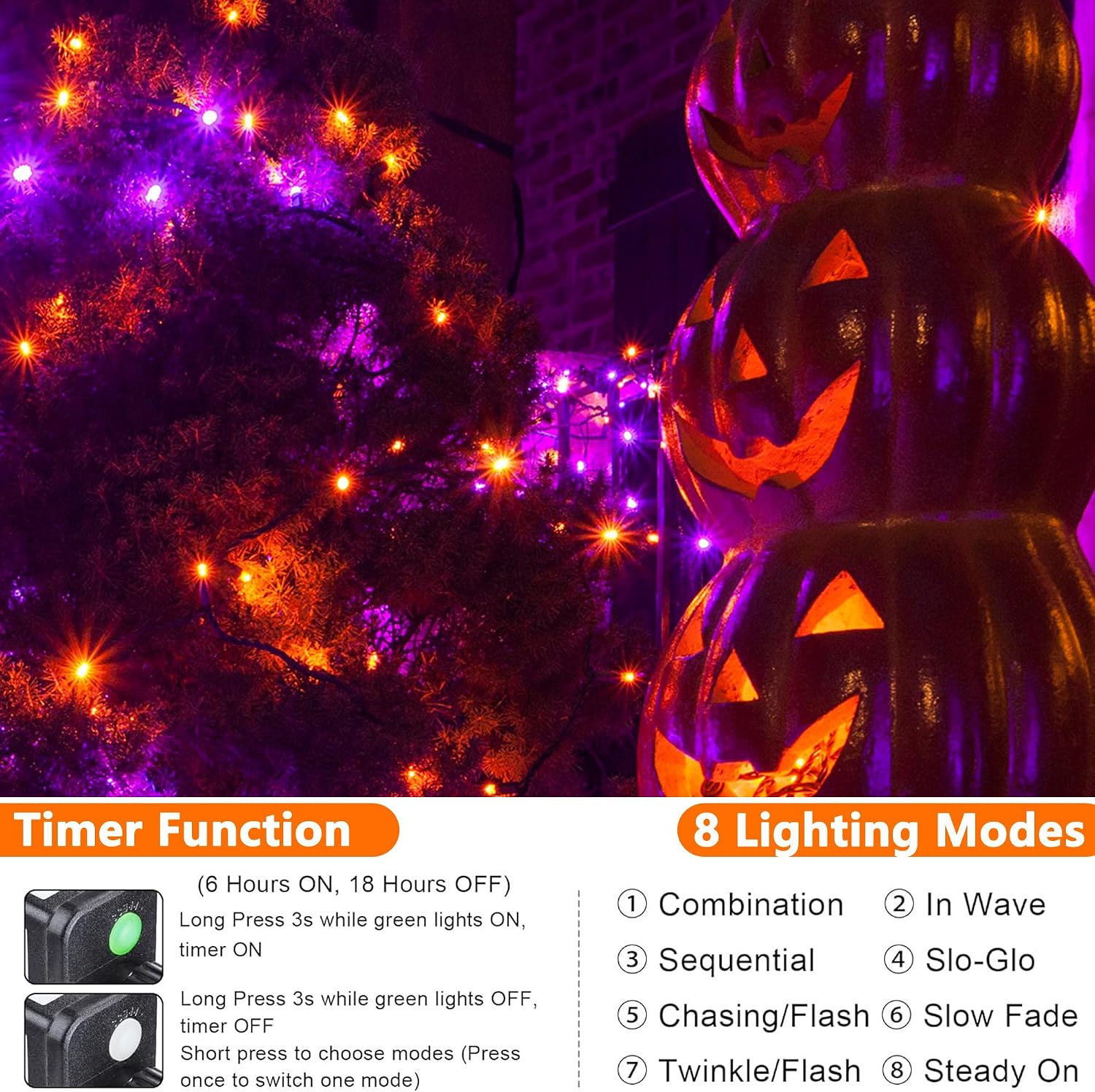 Joomer Orange Purple Halloween Lights, 100FT 300LED Plug-in String Lights