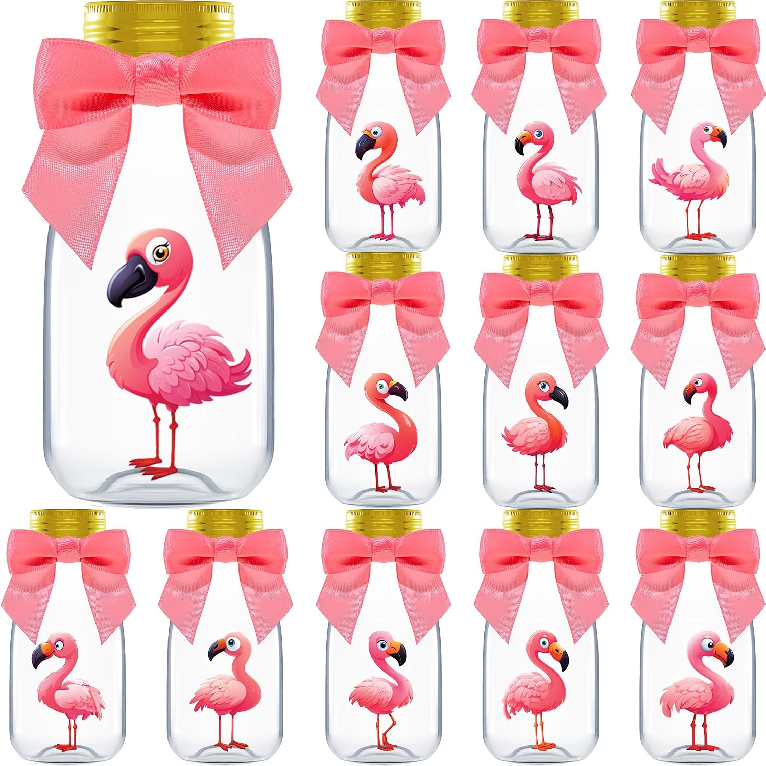 Ethisa Small 12 Pack Flamingo Party Favors - DIY Candy Jars with Ribbons and Stickers - Party Decoration Bottles for Birthday, Baby Shower and Bachelorette - Pink Table Centerpiece for Adults