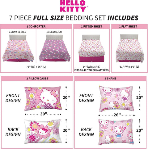 Franco Kids Bedding Super Soft Comforter and Sheet Set with Sham, 7 Piece Full Size, Hello Kitty(Prints may vary)