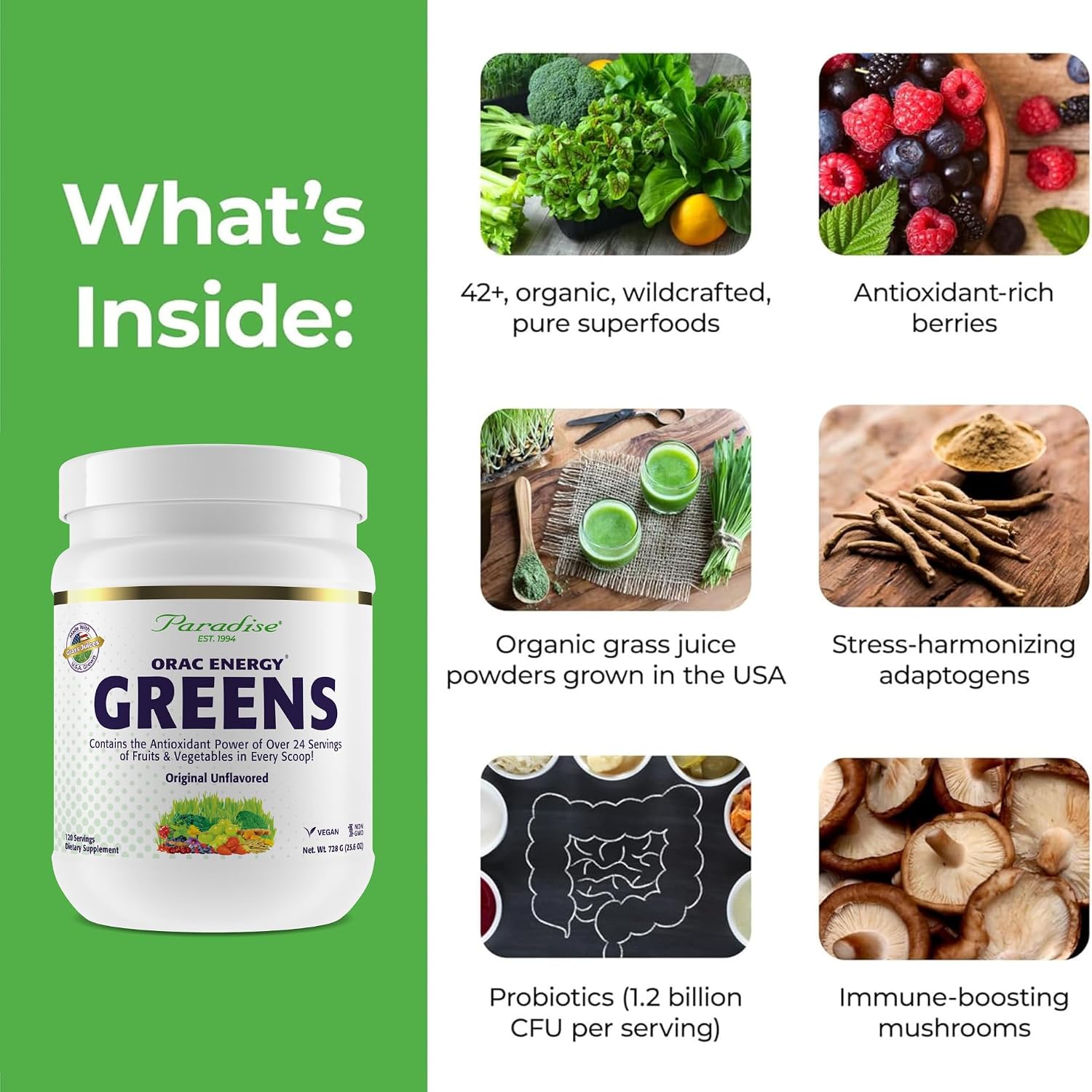 Paradise Herbs & Essentials ORAC Energy Greens Powder, 120 Servings