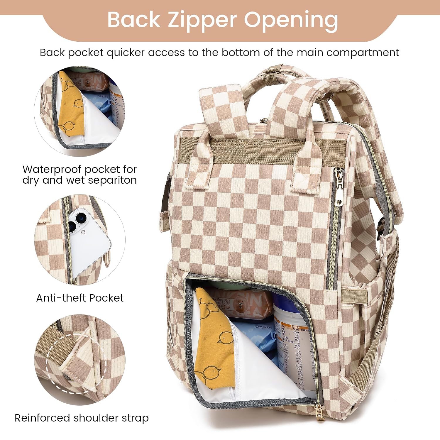 GAIVP Baby Diaper Bag Backpack for Mom, Large Capacity Travel Nappy Bag for Boys & Girls with Stroller Straps,Insulated Pockets (Corduroy Checkered Brown)