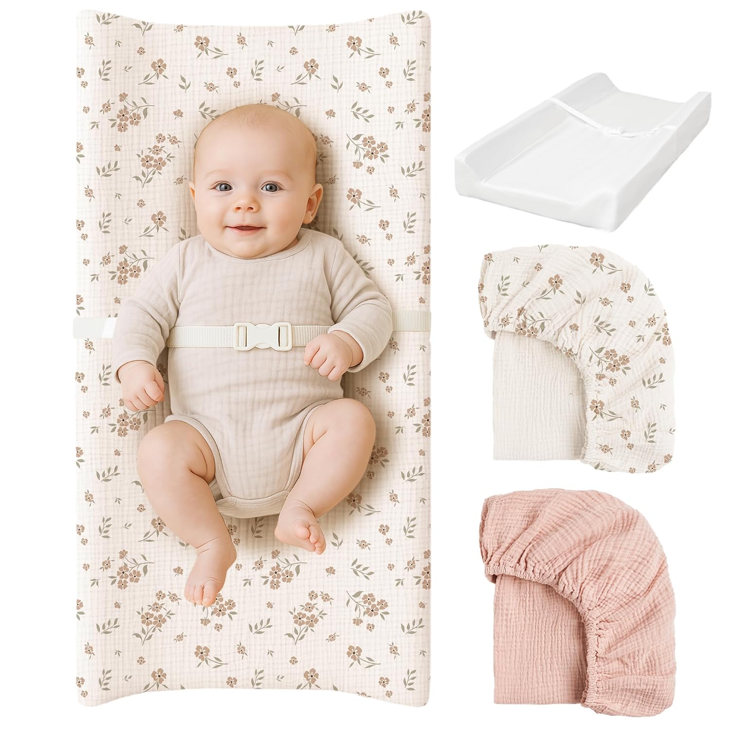 Konssy Baby Changing Pad Set with Waterproof Lining & 2 Pack Muslin Covers