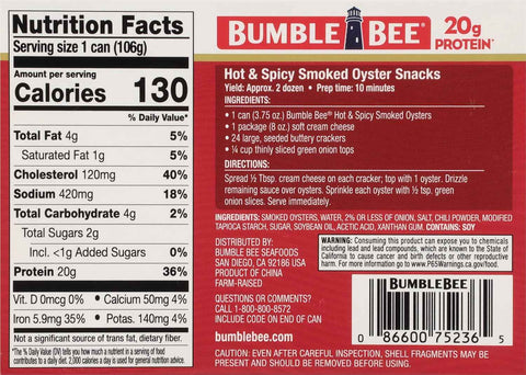 Bumble Bee Hot & Spicy Hardwood Smoked Oysters, 3.75 oz Tin (Pack of 12) - 20g Protein per Serving, Gluten Free, Keto