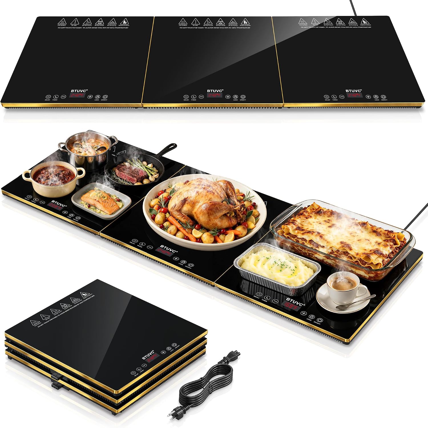 Electric Warming Trays For Buffets Party,3-in-1 Modular Food Warmers For Parties Buffet with Independent Temp Control,36'' x 16" Black & Gold Glass Warming Mat For Food Gatherings,Catering