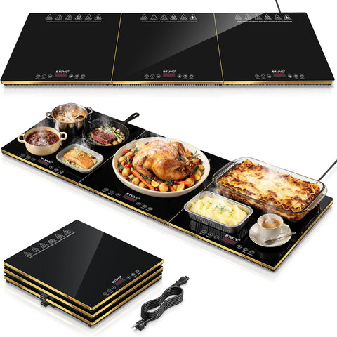 Electric Warming Trays For Buffets Party,3-in-1 Modular Food Warmers For Parties Buffet with Independent Temp Control,36'' x 16" Black & Gold Glass Warming Mat For Food Gatherings,Catering