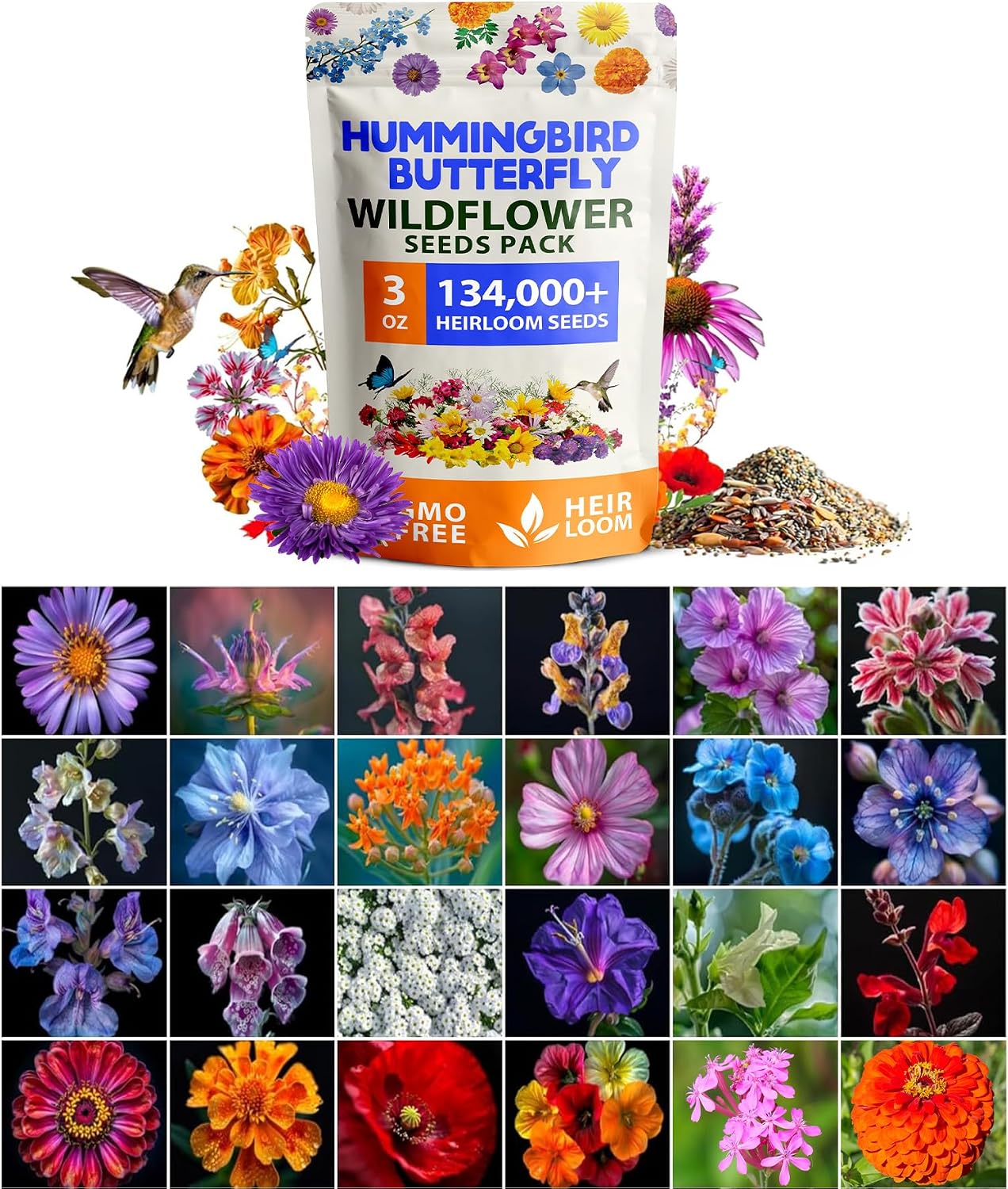 HOME GROWN Premium Wildflower Seeds Bulk Mix | 134,000+ Non-GMO USA Native Flower Seed for Planting Outdoors | 23 Perennial & Annual Varieties for Butterfly Garden | 3 oz