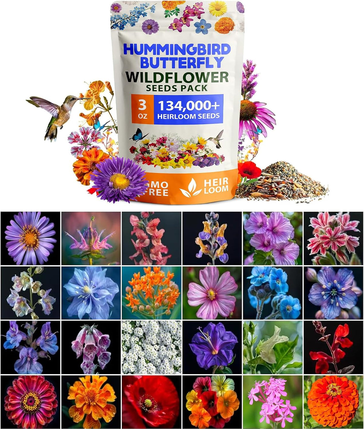 HOME GROWN Premium Wildflower Seeds Bulk Mix | 134,000+ Non-GMO USA Native Flower Seed for Planting Outdoors | 23 Perennial & Annual Varieties for Butterfly Garden | 3 oz