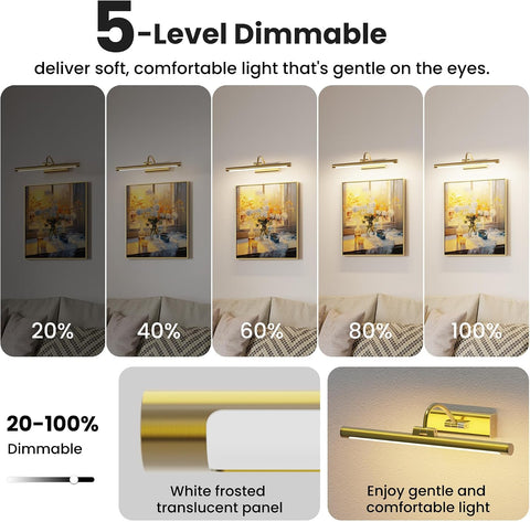 16" Gallery Picture Light with 1pcs Extra 6000mAh Battery- Brass Cordless Rechargeable Wall Sconce with Remote for Library, Study Room, Art & Renter Use