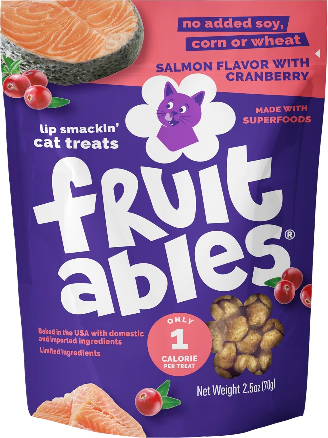 Fruitables Cat Treats, Healthy Treats for Cats, Low Calorie and Packed with Protein, Crunchy Biscuits, No Wheat, Corn or Soy, Made with Real Salmon and Cranberry, 2.5oz (Pack of 10)