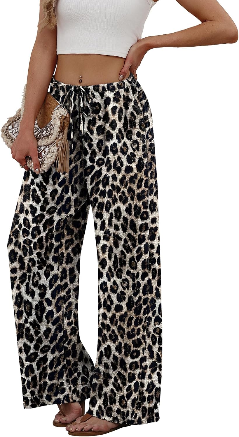 Sampeel Wide Leg Pants for Women Flowy Palazzo Drawstring Elastic Waist Trousers with Pockets Summer Beach Vacation Clothes