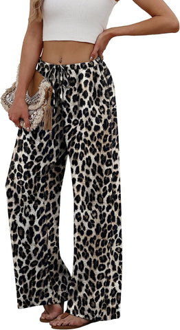 Sampeel Wide Leg Pants for Women Flowy Palazzo Drawstring Elastic Waist Trousers with Pockets Summer Beach Vacation Clothes